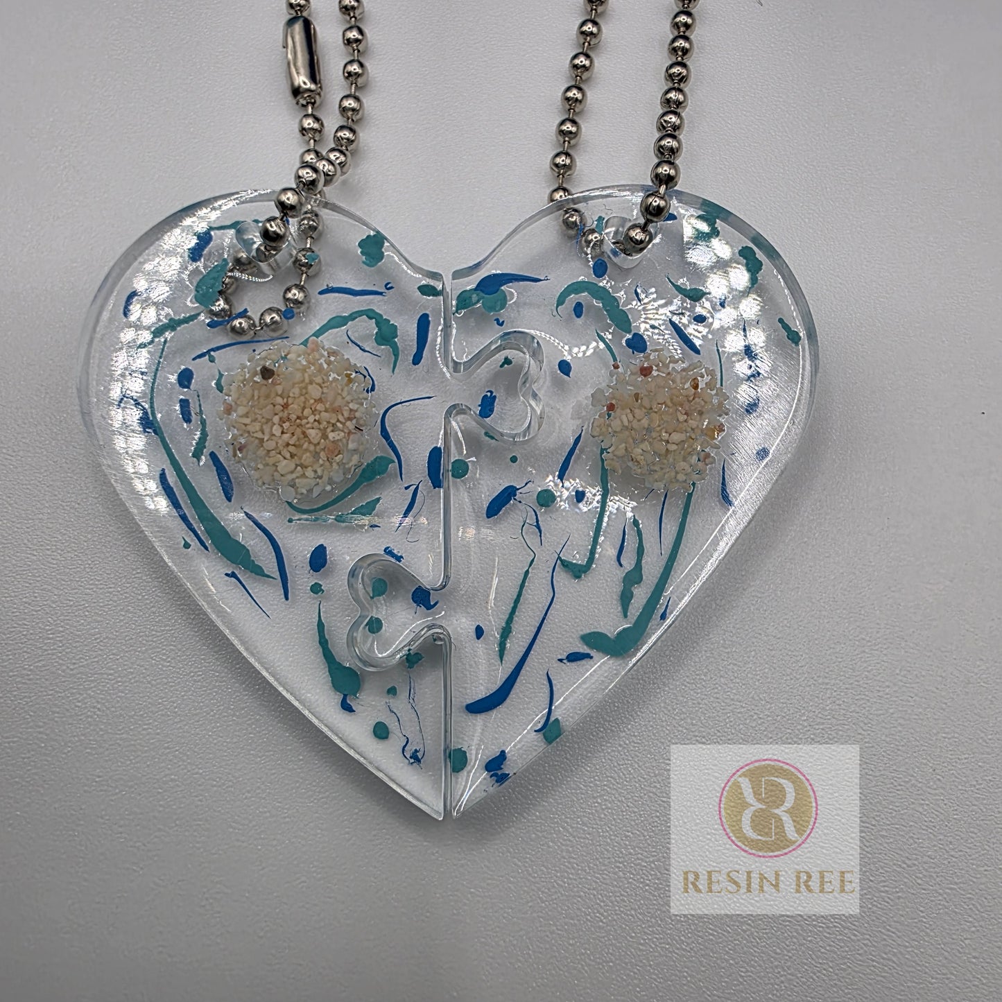 Blue Waves Puzzle Heart Keychain Set — Bermuda Sand