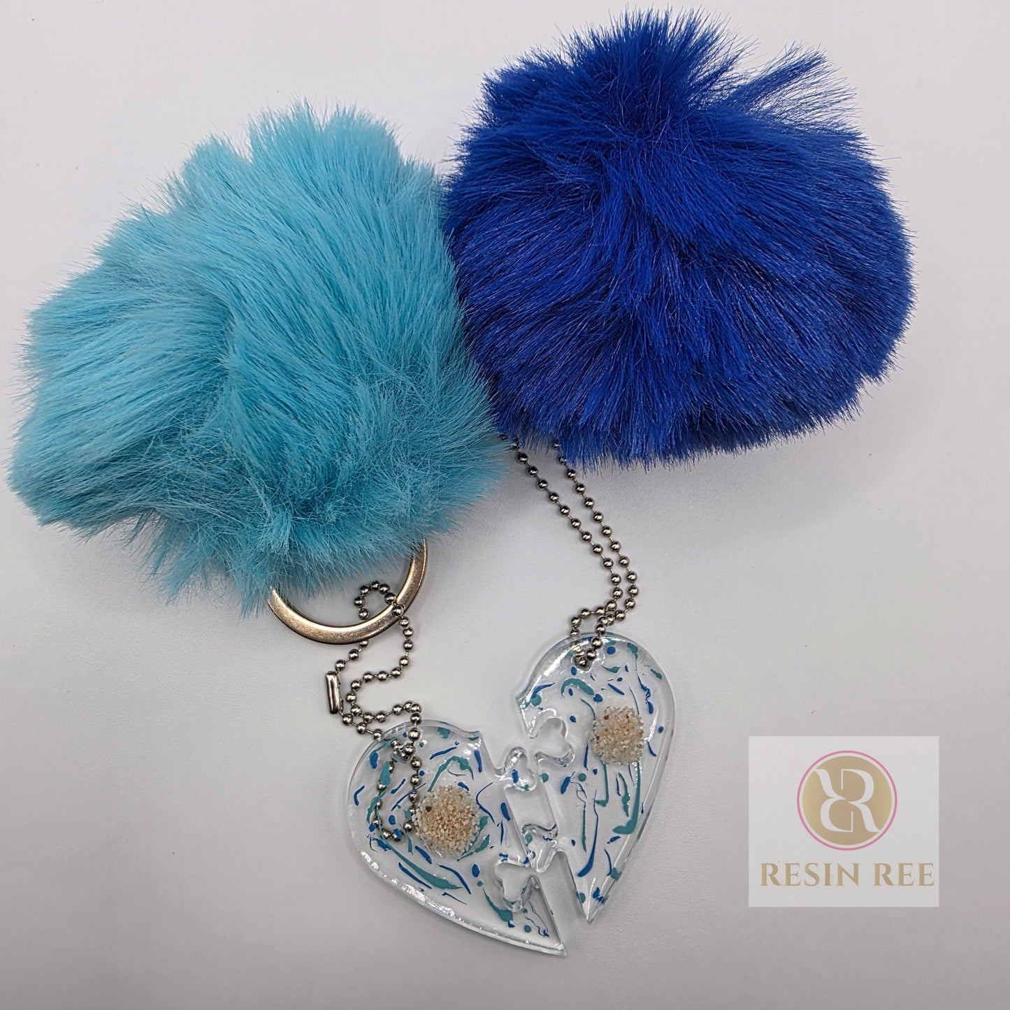 Blue Waves Puzzle Heart Keychain Set — Bermuda Sand