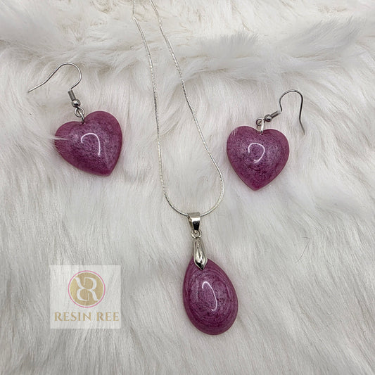 Pink Resin Heart Earrings & Teardrop Necklace Set